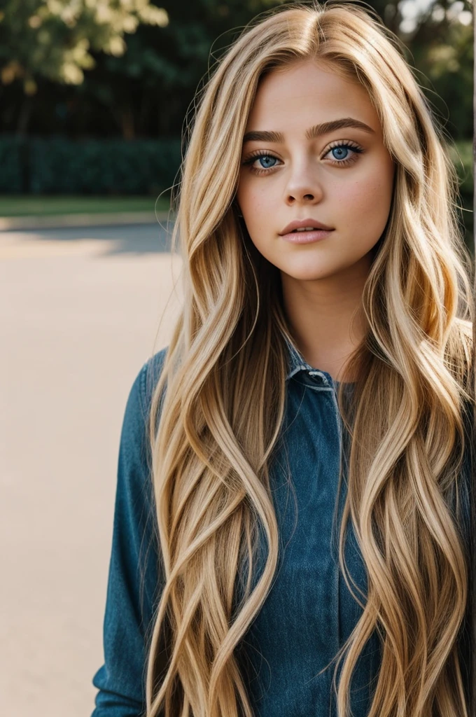 Portrait of beautiful blonde girl identical to Josephine Langford with collected hair