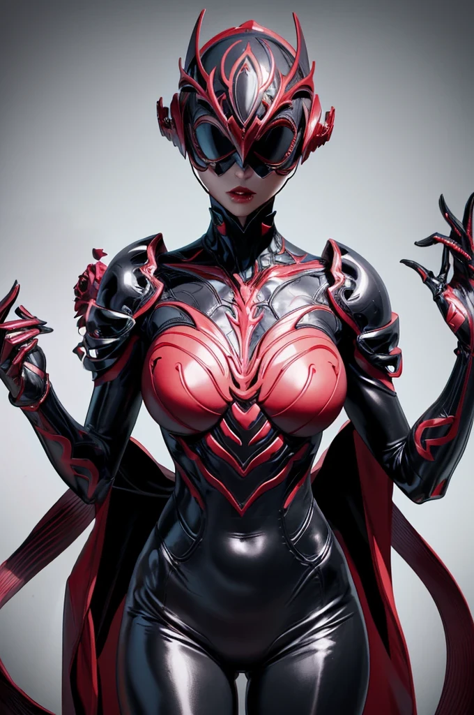 Beautiful girl fused with a Rose. (High quality) （black and Red image color）. body suit. Queen dress. cyber style. Circuit pattern. Biological Armor. Biological helmet. eye mask.