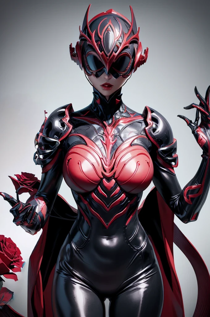 Beautiful girl fused with a Rose. (High quality) （black and Red image color）. body suit. Queen dress. cyber style. Circuit pattern. Biological Armor. Biological helmet. eye mask.