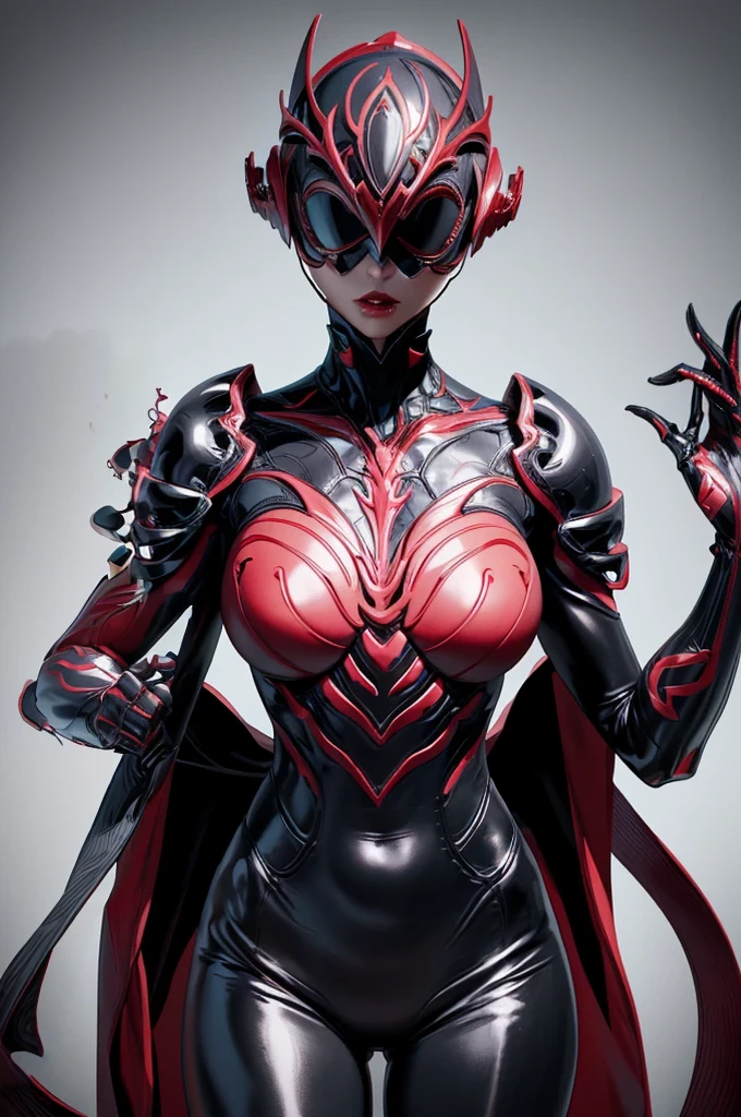 Beautiful girl fused with a Rose. (High quality) （black and Red image color）. body suit. Queen dress. cyber style. Circuit pattern. Biological Armor. Biological helmet. eye mask.