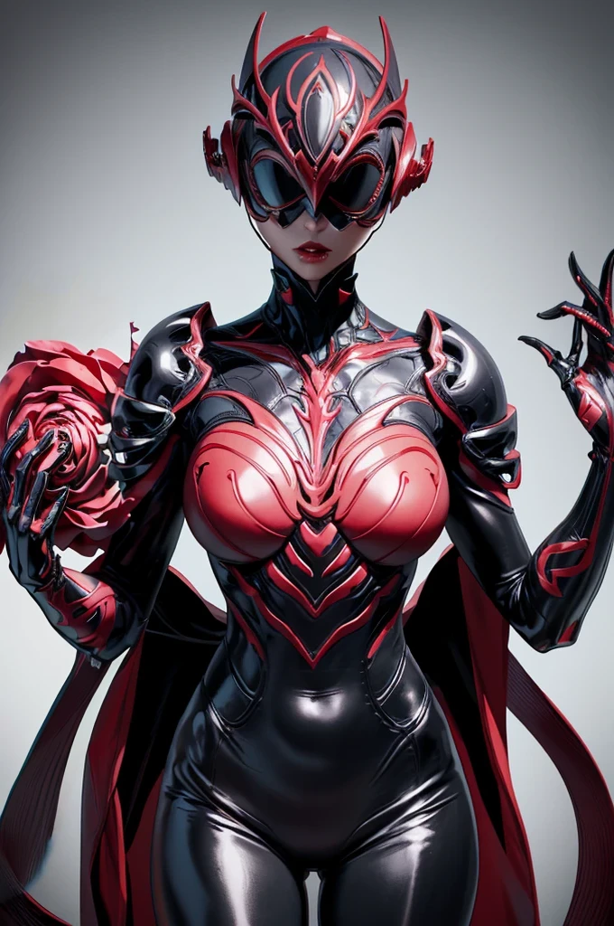 Beautiful girl fused with a Rose. (High quality) （black and Red image color）. body suit. Queen dress. cyber style. Circuit pattern. Biological Armor. Biological helmet. eye mask.