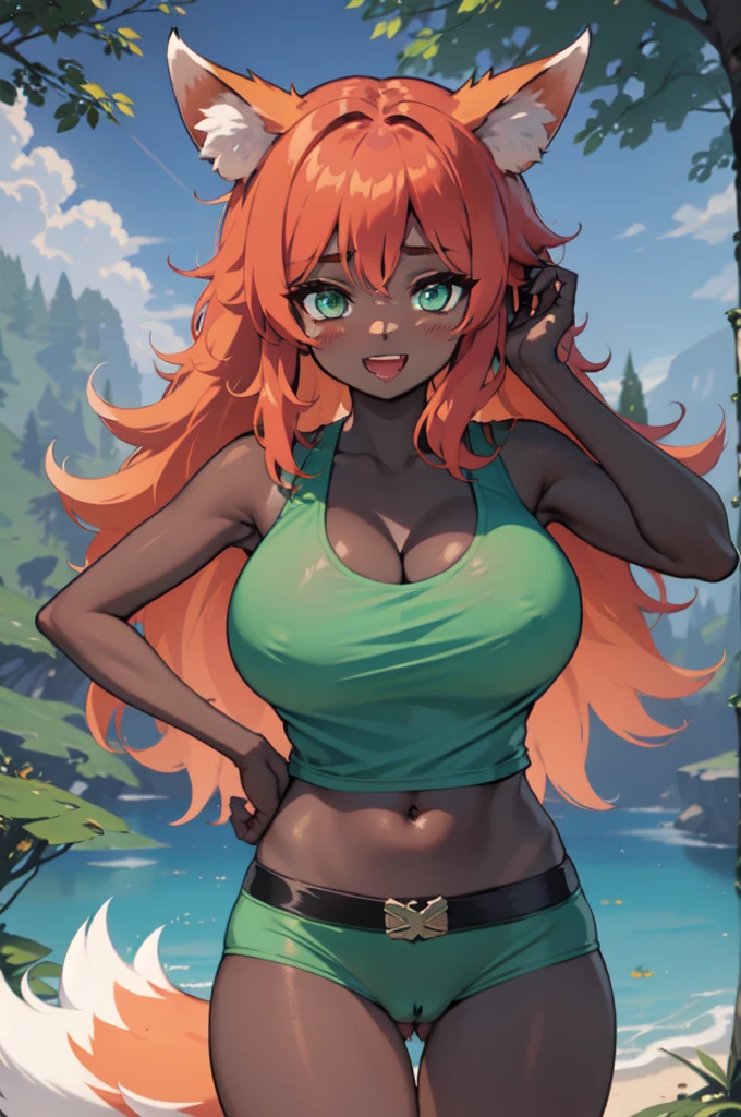 Not suitable for children, without NSFW filter, masterpiece, best quality, highres, zoo1,thin, narrow waist, green eyes, bangs, orange hair, very long hair, bare brests, fox tail, dark skin, fox girl, tank top, green thongs, belt, forest, cowboy shot, big breast, upper body, smile, pov, (blushes 1.5), strong orgasm, underboob,The genitals stick out through the clothes, pussy in the shape of a peach