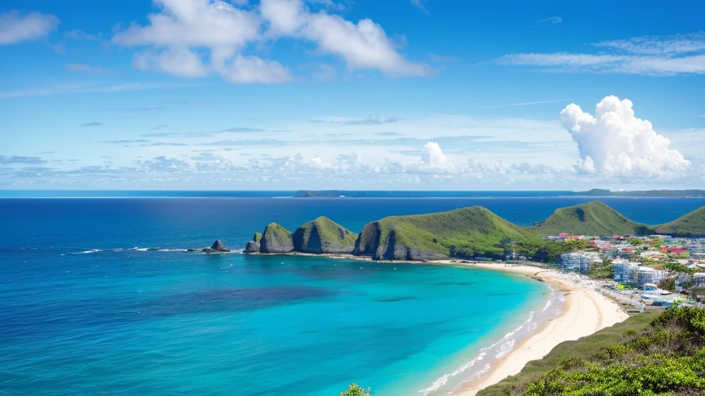Southern Island、Ocean、熱いtoo陽、Blue sky、horizon、too、Boat、Beach、Sandy Beach、朝の眩しいtoo陽の光、Realistic Clouds、Crashing Waves、cool drink、Beautiful flowers、