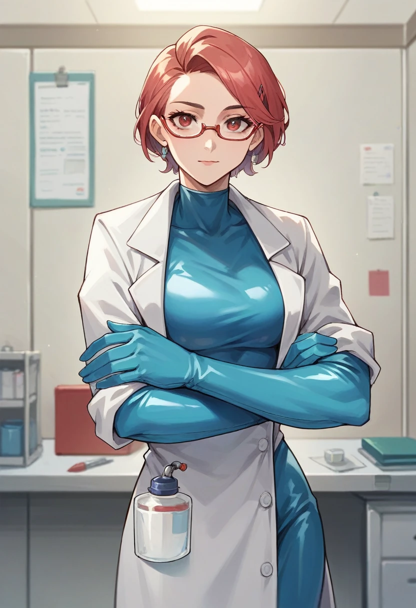 1girl, ((blue elbow gloves)), ((surgical gloves)), ((latex gloves)), ((long sleeves)) ((red surgeon outfit)), looking at viewer, ((doctor)), standing, solo