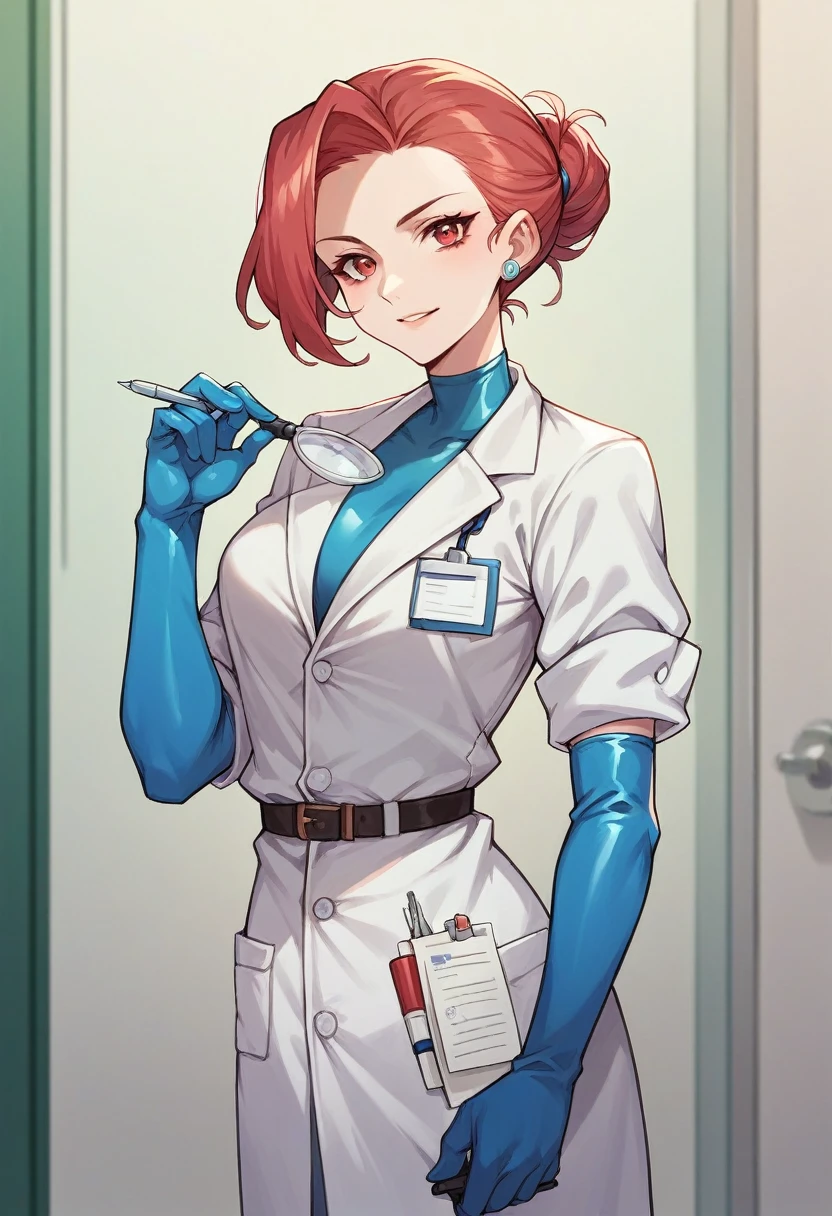 1girl, ((blue elbow gloves)), ((surgical gloves)), ((latex gloves)), ((long sleeves)) ((red surgeon outfit)), looking at viewer, ((doctor)), standing, solo
