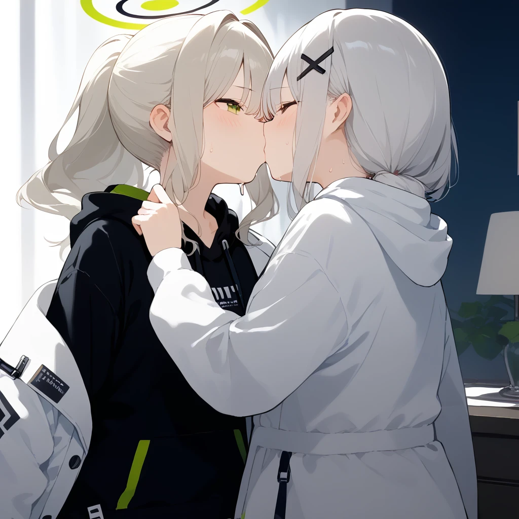 score_9, score_8_up, score_7_up, source_anime, best quality, masterpiece, official art, absurdres, highres, ultra-detailed,waifu2x,Collection: Slice of Life,break,1girl, hare \(blue archive\),green eyes, white hair,ponytail,halo,hairclip,(white jacket:1.2),black hoodie,long sleeves,sweat, kiss, trembling, sexual climax, indoors, break,dewy skin, perspiration on the skin,skin texture, fine lines, pores, natural imperfections,light reflections, glossy skin, shiny skin,break,(clear line illustration:1.2),very high resolution, very aesthetic, Best sexual lighting powered by famous artist, 8k,cute picture,beauty illustration,photoshop_(medium),,(Detailed Lighting),uncensored,