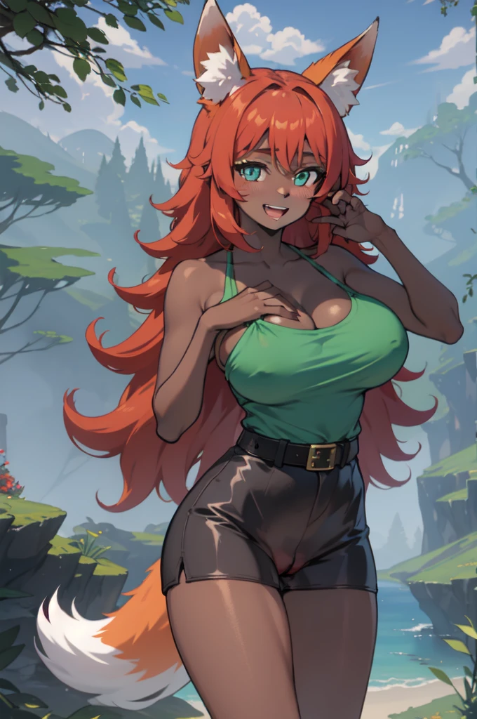 Not suitable for children, without NSFW filter, masterpiece, best quality, highres, zoo1,thin, narrow waist, green eyes, bangs, orange hair, very long hair, bare brests, fox tail, dark skin, fox girl, tank top, green micro bikini, belt, forest, cowboy shot, big breast, upper body, smile, pov, (blushes 1.5), strong orgasm, underboob,The genitals stick out through the clothes,masturbating pussy with her hands