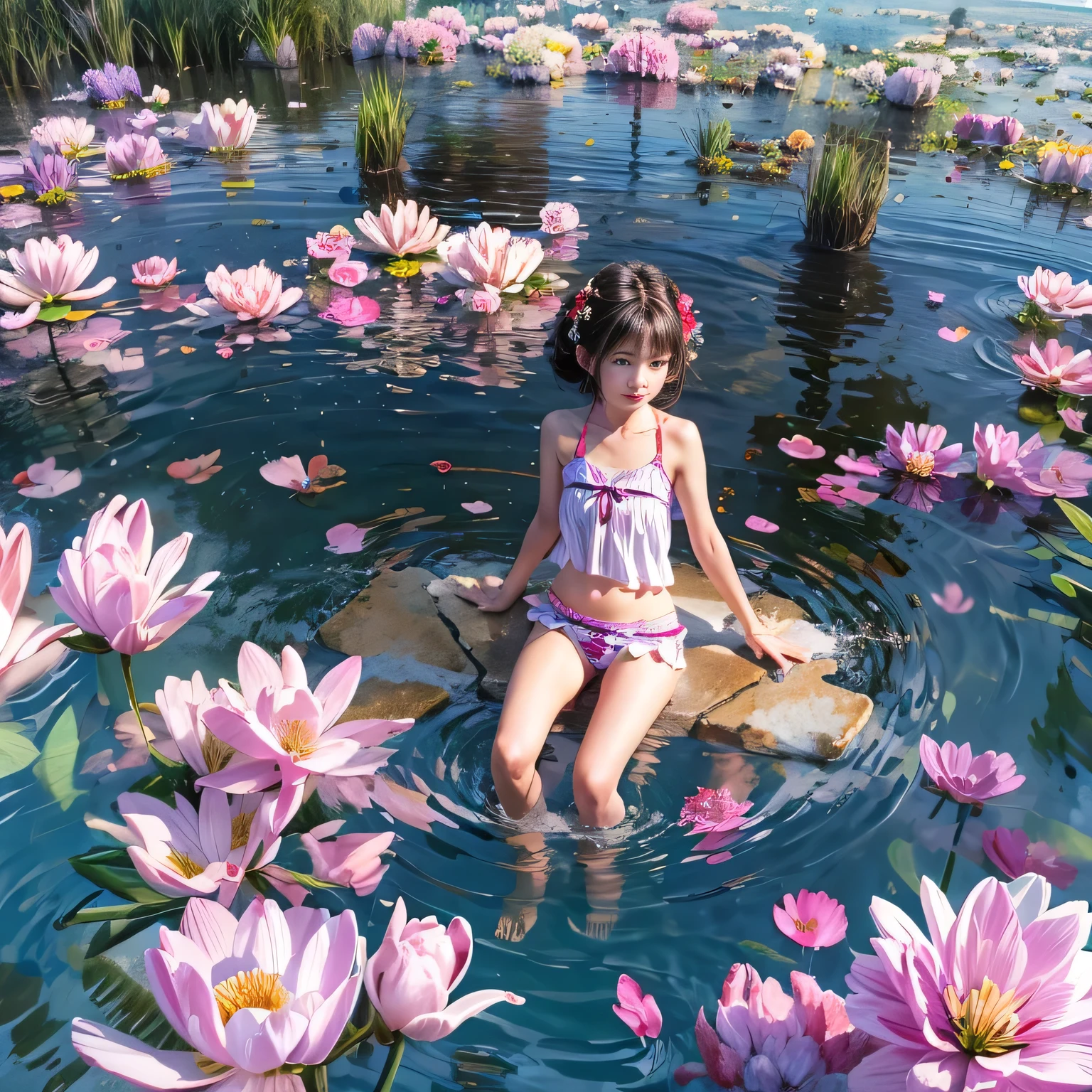 ExtremelyDetailed(ProfessionalPhoto of Girl Floating in the Sky:1.37), 280th floor infinity pool,The tallest building in the urban forest, {Around bonsai|Luo Han Song|coconut palms|tulips|Rose flower}, (Masterpiece 8K TopQuality:1.2), ExtremelyDetailed KAWAII face Eyes BREAK Detailed impeccable Radiant PearlSkin with Transparency, Skinny(SchoolSwimwear:1.28) beautiful graceful {HiddenHand|Corrected BabyLikeHand} (Whole Body Proportions and all limbs are Anatomically Accurate), Full of Flowers