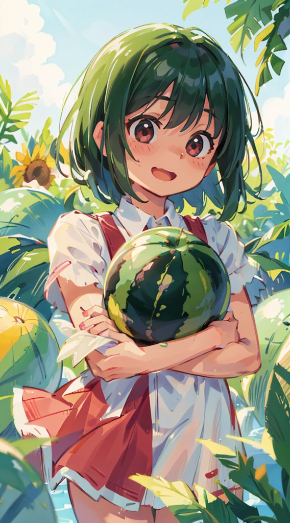 Girl, Watermelon, Happy, Summer, Perfect Quality, Clear Focus (Clutter - Home: 0.8), (Masterpiece: 1.2) (Realistic: 1.2) (Bokeh) (Best Quality) (Detailed Skin: 1.3) (Intricate Detail) (8K) (Detail Eye) (Sharp Focus), (Happy