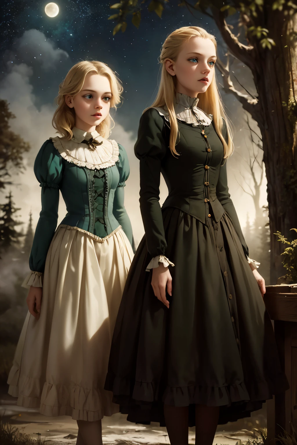 two girls, wide angle, detailed reproduction of a forest surrounded by fog up to a height of one meter. clear starry sky with a big full moon, bare trees, winter, two girls, (Virginia Otis, 15 years old (blond hair, blue eyes)) pose with (16 years old Georgie Gerald (blond hair, green eyes)). Victorian style. thin, cute face, walks at night in Canterville Castle (inspired by the novel The Canterville Ghost). aged 1887, Victorian fantasy