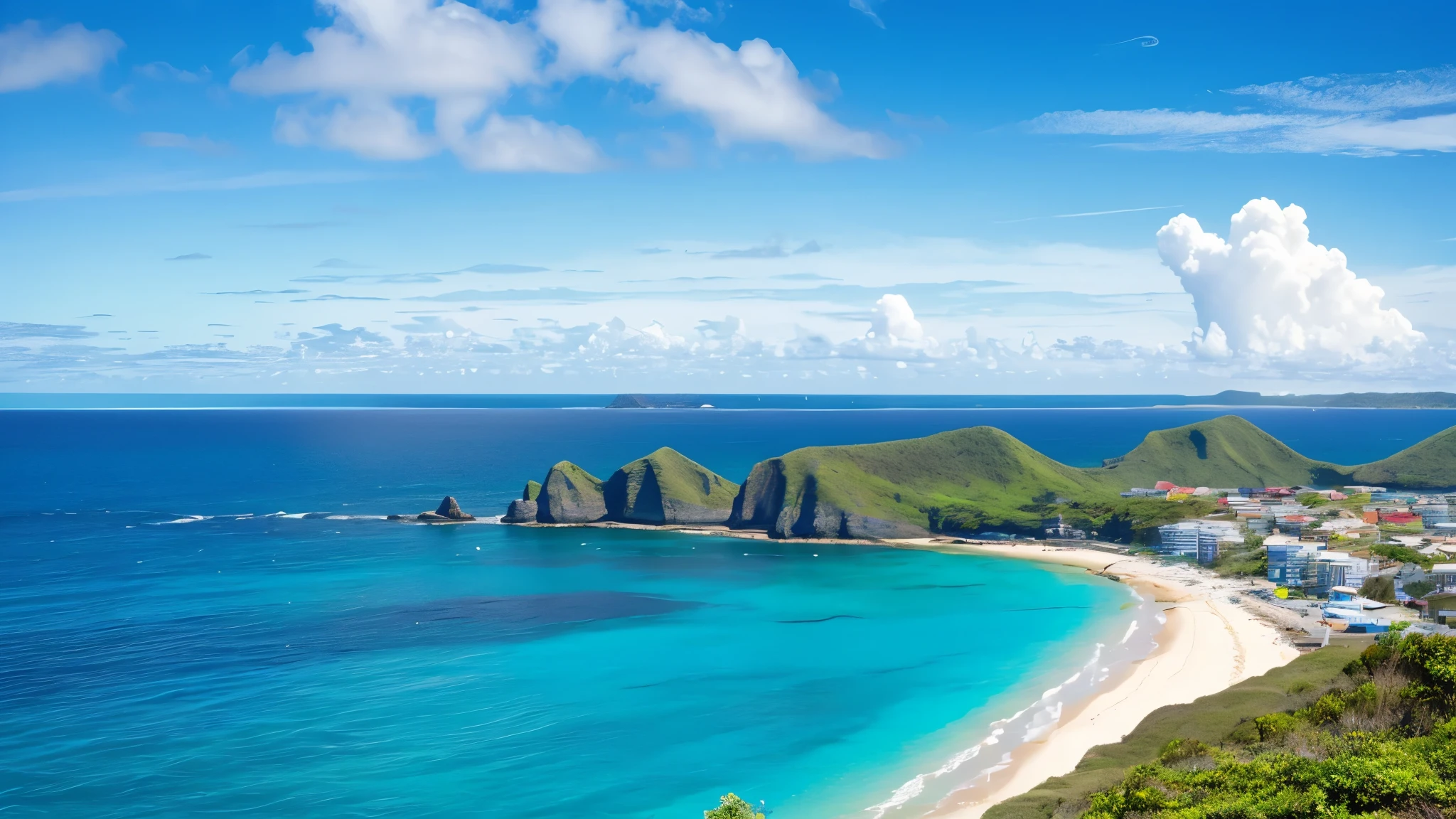 Southern Island、Ocean、熱いtoo陽、Blue sky、horizon、too、Boat、Beach、Sandy Beach、朝の眩しいtoo陽の光、Realistic Clouds、Crashing Waves、cool drink、Beautiful flowers、