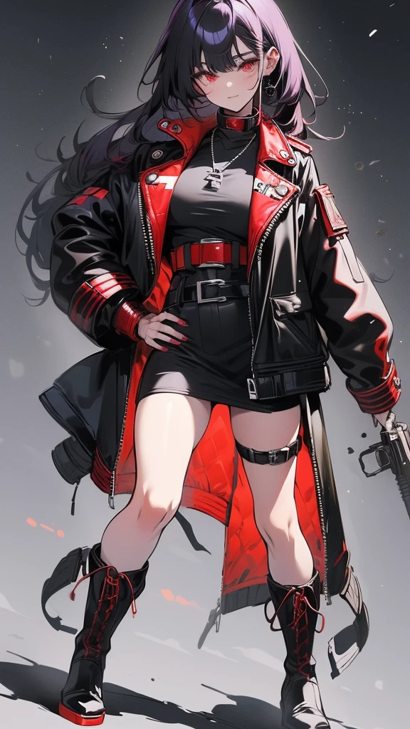 Girl, Thin legs, Navel exposed, Wearing boots, Being attacked by enemies, He closes his eyes in pain and cries, Wearing a jacket