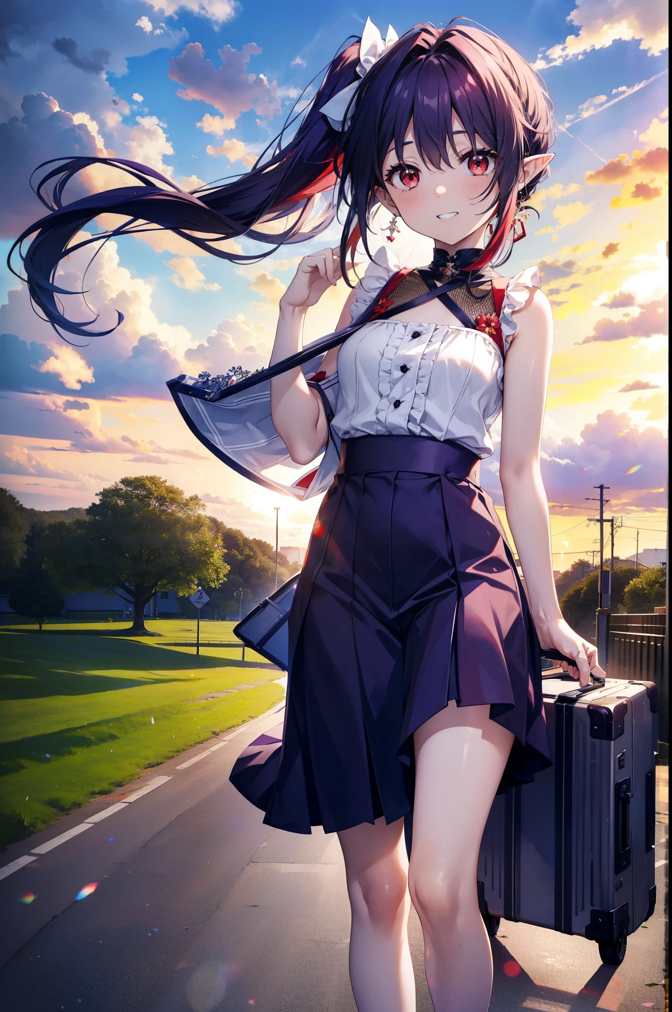 yuukikonno, Yuki Konno, hair band, Long Hair, Pointy Ears, Purple Hair, (Red eyes:1.5), (Small breasts:1.2),Side Ponytail,smile,Grin,Purple sleeveless dress、Cute Sandals,Put your right hand on your hip,Push-type suitcase,Are standing,Daytime,whole bodyがイラストに入るように, break looking at viewer, whole body, break outdoors,countryside, Residential Street,city, break (masterpiece:1.2), Highest quality, High resolution, unity 8k wallpaper, (shape:0.8), (Fine and beautiful eyes:1.6), Highly detailed face, Perfect lighting, Highly detailed CG, (Perfect hands, Perfect Anatomy),チックなmorning日,morning,Extreme Light,