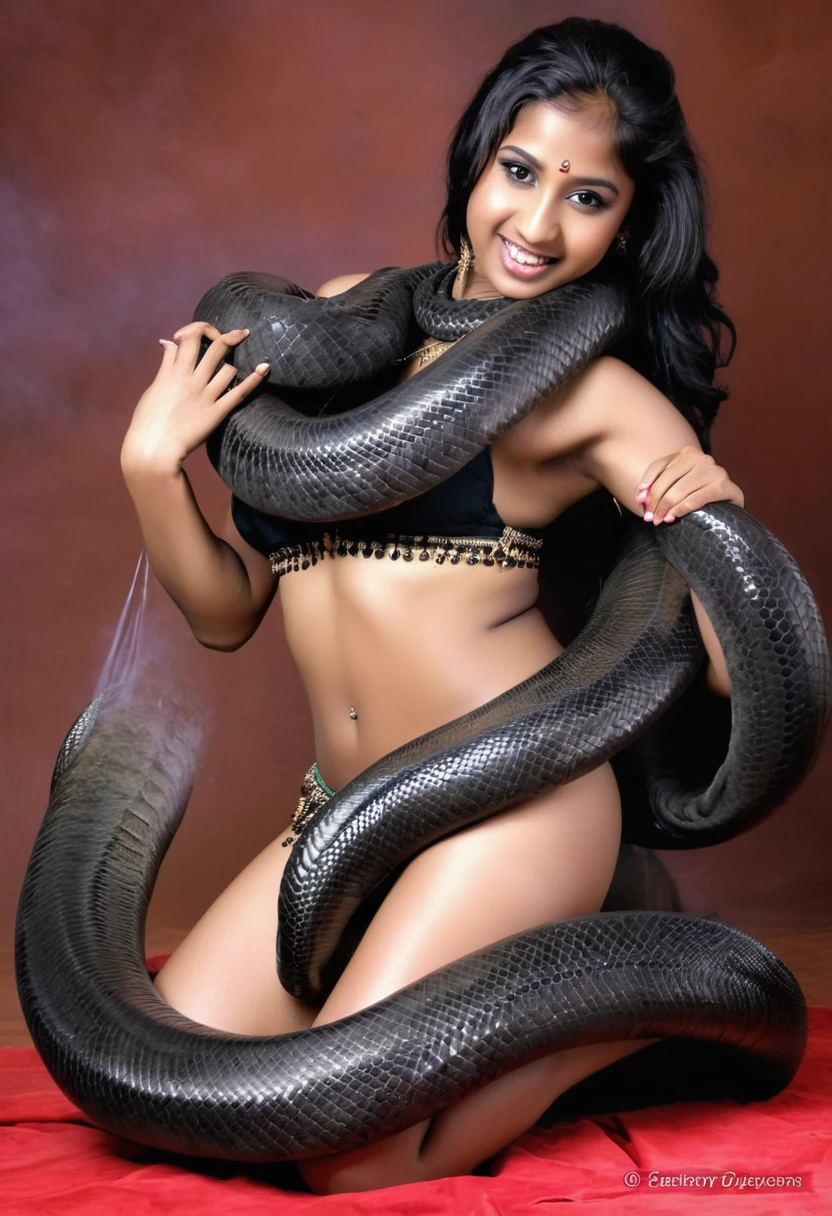 Happy Horny, aroused 1girl), beautiful kneeling Indian  young teen belly dancer girl with  giant colossal black titanboa squeezing her hard, wrapped in thick spiraling coils, constricted, struggle, gasping for air, snake attack, snake peril,