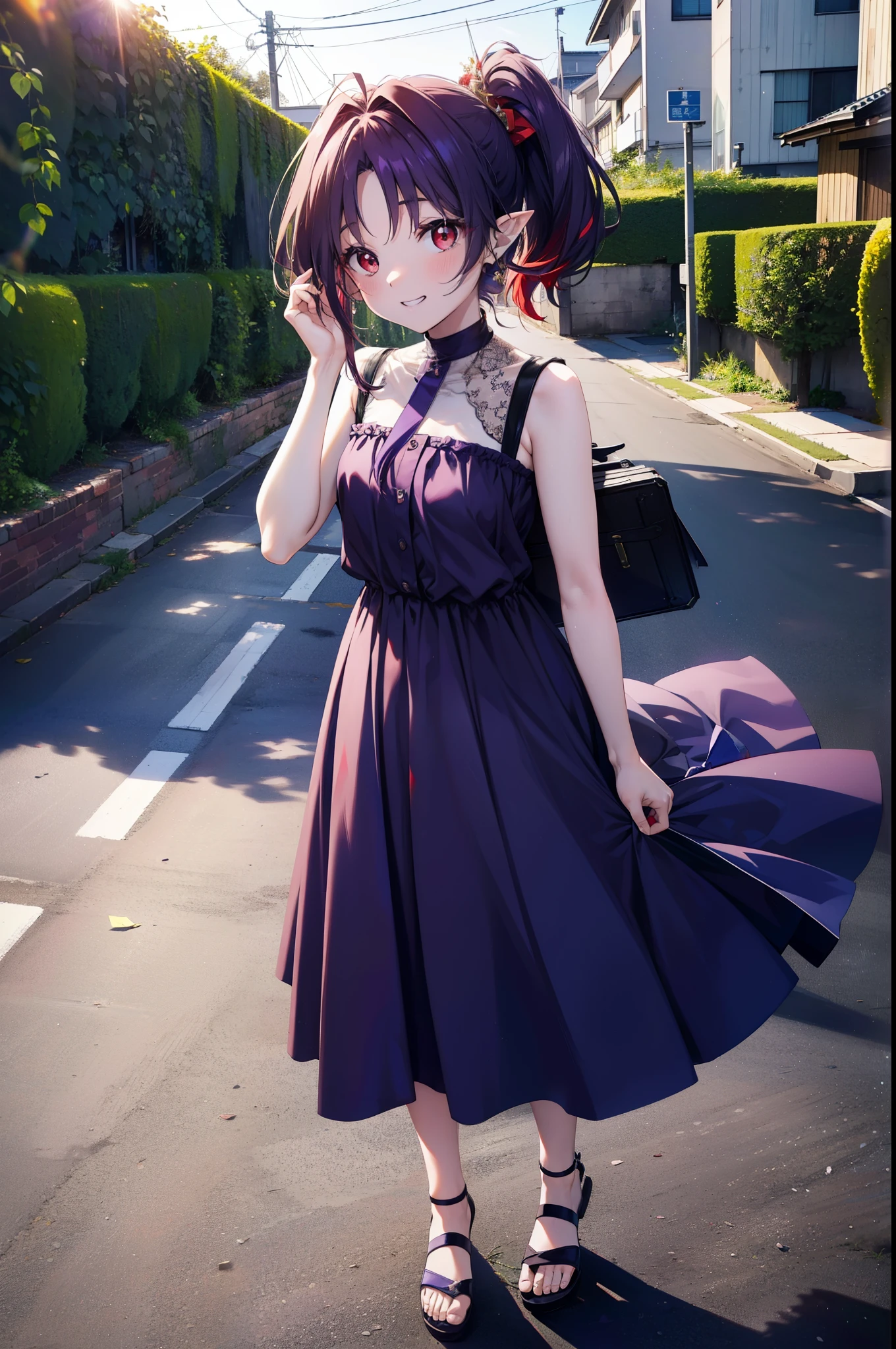 yuukikonno, Yuki Konno, hair band, Long Hair, Pointy Ears, Purple Hair, (Red eyes:1.5), (Small breasts:1.2),Side Ponytail,smile,Grin,Purple sleeveless dress、Cute Sandals,Put your right hand on your hip,Push-type suitcase,Are standing,Daytime,whole bodyがイラストに入るように, break looking at viewer, whole body, break outdoors,countryside, Residential Street,city, break (masterpiece:1.2), Highest quality, High resolution, unity 8k wallpaper, (shape:0.8), (Fine and beautiful eyes:1.6), Highly detailed face, Perfect lighting, Highly detailed CG, (Perfect hands, Perfect Anatomy),チックなmorning日,morning,Extreme Light,