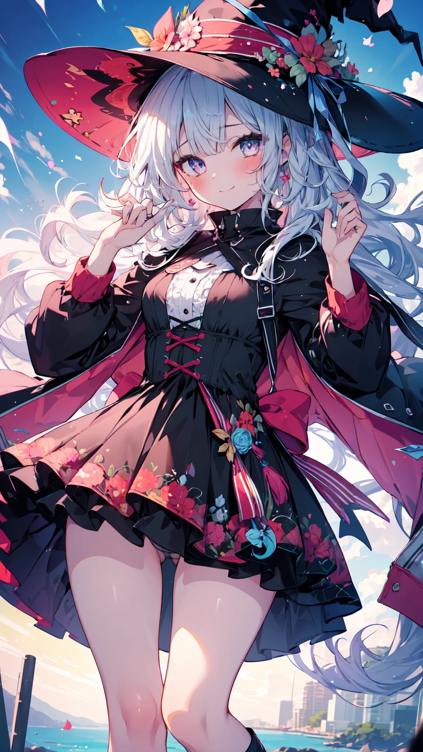 ((Highest quality, 8K, masterpiece: 1.3)), ((One girl:1.5)), The beauty of slim abs: 1.3, Casual Hairstyles, Super detailed face, Delicate eyes, double eyelid, smile, Highest quality, 4K, 8K, High resolution, masterpiece:1.2, Very detailed, Actual, Vibrant colors, Beautiful Eyes, 繊細なsmile, Blushed, Textured skin, masterpiece, High resolution, Highest quality, Blushed, Blushing ,lure,Show off your figure,Witch girl,The wind blows up my skirt,Adult Panties,Low rise,NSFW,pose,