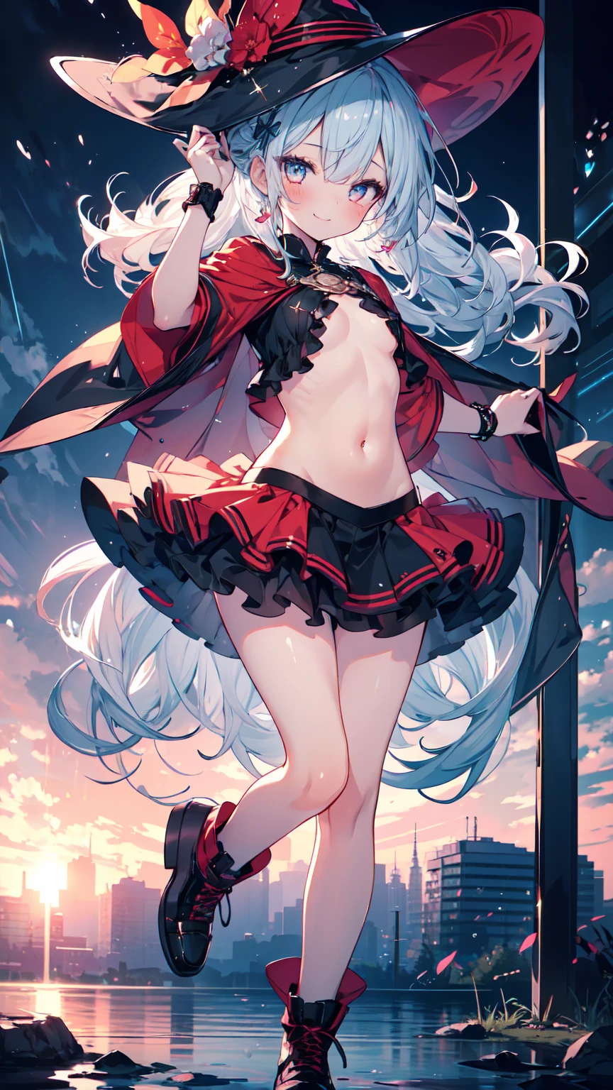 ((Highest quality, 8K, masterpiece: 1.3)), ((One girl:1.5)), The beauty of slim abs: 1.3, Casual Hairstyles, Super detailed face, Delicate eyes, double eyelid, smile, Highest quality, 4K, 8K, High resolution, masterpiece:1.2, Very detailed, Actual, Vibrant colors, Beautiful Eyes, 繊細なsmile, Blushed, Textured skin, masterpiece, High resolution, Highest quality, Blushed, Blushing ,lure,Show off your figure,Witch girl,The wind blows up my skirt,Adult Panties,Low rise,NSFW,pose,