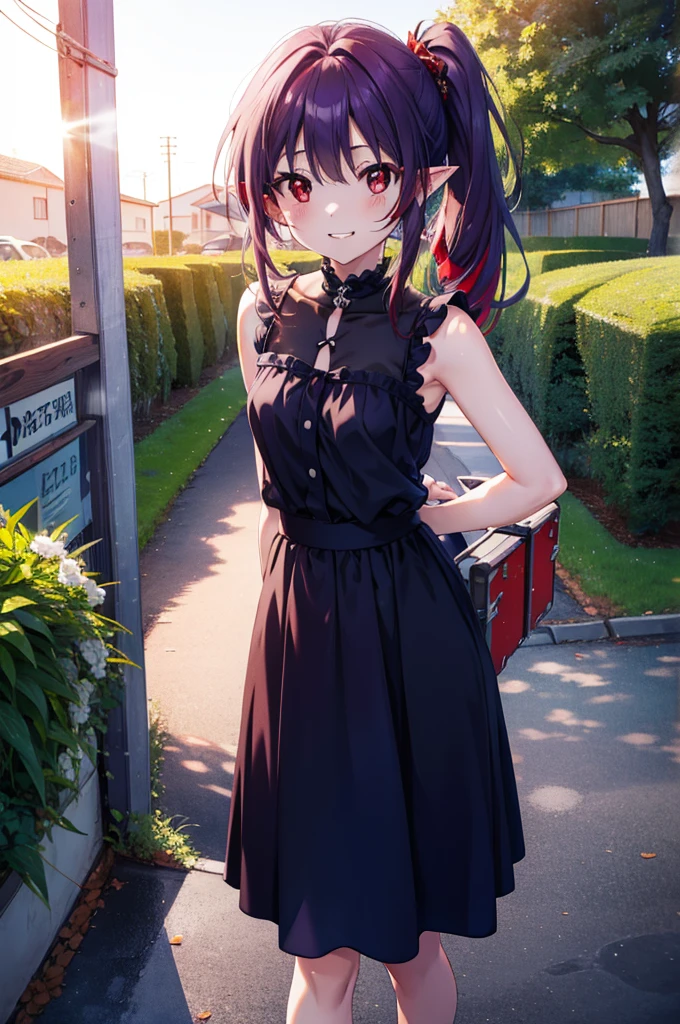 yuukikonno, Yuki Konno, hair band, Long Hair, Pointy Ears, Purple Hair, (Red eyes:1.5), (Small breasts:1.2),Side Ponytail,smile,Grin,Purple sleeveless dress、Cute Sandals,Put your right hand on your hip,Push-type suitcase,Are standing,Daytime,whole bodyがイラストに入るように, break looking at viewer, whole body, break outdoors,countryside, Residential Street,city, break (masterpiece:1.2), Highest quality, High resolution, unity 8k wallpaper, (shape:0.8), (Fine and beautiful eyes:1.6), Highly detailed face, Perfect lighting, Highly detailed CG, (Perfect hands, Perfect Anatomy),チックなmorning日,morning,Extreme Light,