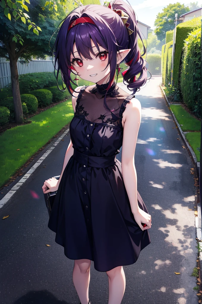 yuukikonno, Yuki Konno, hair band, Long Hair, Pointy Ears, Purple Hair, (Red eyes:1.5), (Small breasts:1.2),Side Ponytail,smile,Grin,Purple sleeveless dress、Cute Sandals,Put your right hand on your hip,Push-type suitcase,Are standing,Daytime,whole bodyがイラストに入るように, break looking at viewer, whole body, break outdoors,countryside, Residential Street,city, break (masterpiece:1.2), Highest quality, High resolution, unity 8k wallpaper, (shape:0.8), (Fine and beautiful eyes:1.6), Highly detailed face, Perfect lighting, Highly detailed CG, (Perfect hands, Perfect Anatomy),チックなmorning日,morning,Extreme Light,