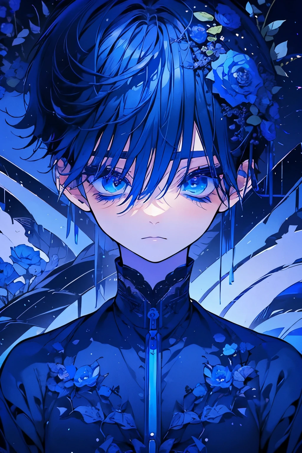 (Mastepiece), (Best Quality), Very detailed, 1 boy, Solo Shooting, Perfect Face, Beautiful Face, Very detailedな顔，(Navy Blue Hair:1.3)，(short hair:1.4)、(Big eyes:1.4)，(Long eyelashes:1.4)、(Blue Eyes:1.3)、Black clothes、Lots of flowers、petal