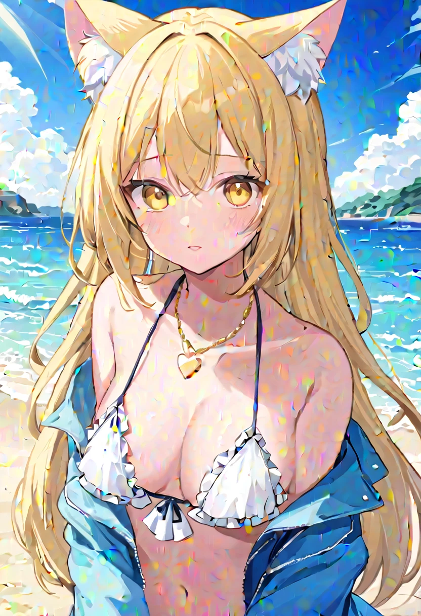 1girl solo animal ears cat ears swimsuit navel bikini long hair animal ears fluff beach looking at viewer blonde hair jewelry outdoors yellow eyes white bikini open clothing frilly day upper body frilly bikini blush bracelet naked -shoulders, off shoulder necklace, jacket, clavicle, Ocean :3 челка брови видно сквозь волосы рука вверх вода подмышки длинные рукава резинка для волос небо открытая jacket белая jacket закрытый рот рука вверх резинка для волос белая рубашка дерево улыбка живот голубое небо рубашка хвост на бок открытая рубашка украшение для волос, Medium breasts,no panties ,you can see her naked pussy