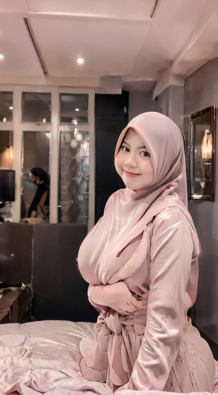 masterpiece, best quality, ultra-detailed, illustration, indonesian, 1adult girl, hijab, horny face,, medium round breast, forward chest, fatty stomach, looking at viewer, best quality, (closed mouth, sad smile), beautiful detailed, (naked),(bed room), full body view, erotic pose