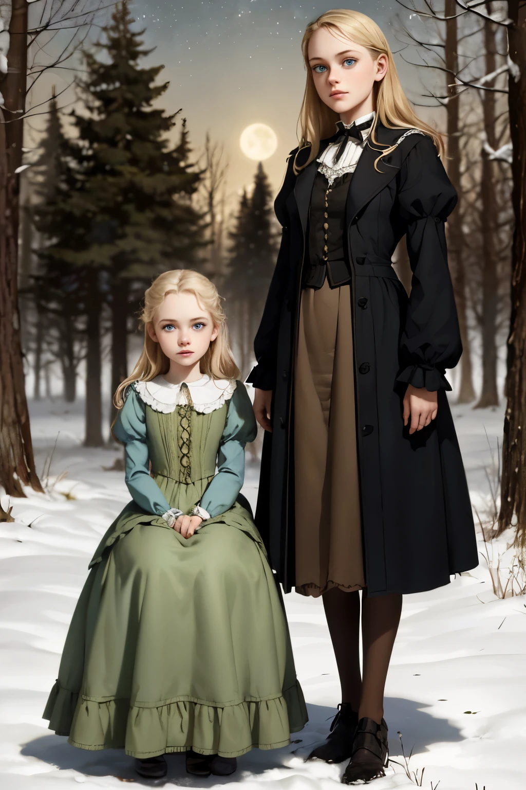 two girls, wide angle, detailed reproduction of a forest surrounded by fog up to a height of one meter. clear starry sky with a big full moon, bare trees, winter, two girls, (Virginia Otis, (blond hair, blue eyes)) pose with (16 years oldald (blond hair, green eyes)). Victorian style. thin, cute face, walks at night in Canterville Castle (inspired by the novel The Canterville Ghost). aged 1887, Victorian fantasy