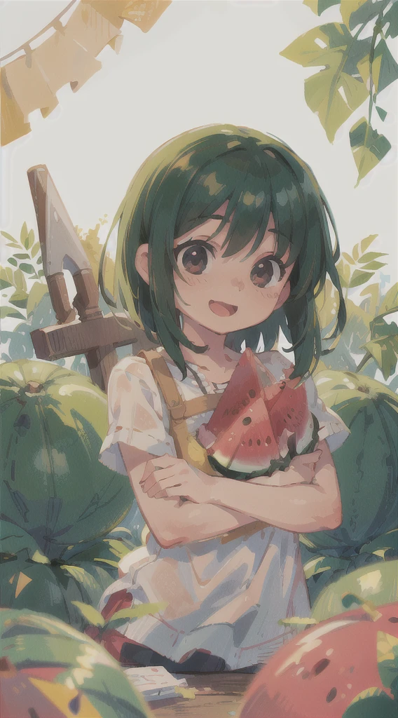 Girl, Watermelon, Happy, Summer, Perfect Quality, Clear Focus (Clutter - Home: 0.8), (Masterpiece: 1.2) (Realistic: 1.2) (Bokeh) (Best Quality) (Detailed Skin: 1.3) (Intricate Detail) (8K) (Detail Eye) (Sharp Focus), (Happy