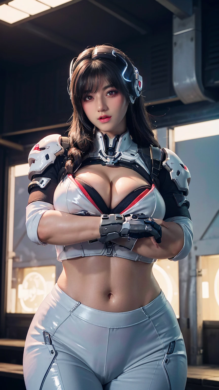 Solo, Stand Up Straight, Physically-based Rendering, Unreal Engine 5 Render, Jealous, bokeh, (look Half Body:1.5), ((muscle And Bbw Body Type:1.2)), ((cleavage, Gigantic Breast:1.6)), (expose muscle Abs:1.4), (big Hips:1.3), ((beautiful Cyborg Woman, Red Mecha Musume Girl, Futuristic Cyber Crop top armor, White Mecha Body Girl from OVERWATCH 2, Guard Arms, Gloves:1.5)), (close Up Upper Body), (pale Skin, Body Oiled, (clean Glossy Bodyskin:1.4), (background Futuristic Space Station:1), (photorealsitic:1.4), (ultra-detailliert), (top-quality), (best Shadows), Bright Light In Room, Hyper Texture, (4x Msaa), ((unreal Engine 5 Render)), (neon), Physically-based Rendering, Ultra Hight Definition, 16k, 1080p, Beauty Model, 4k Resolution.