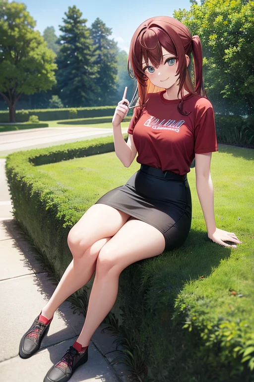 1girl, woman, red t-shirt, black midi pencil skirt, medium length skirt, tight skirt, long hair, brown hair, full body, smile, garden