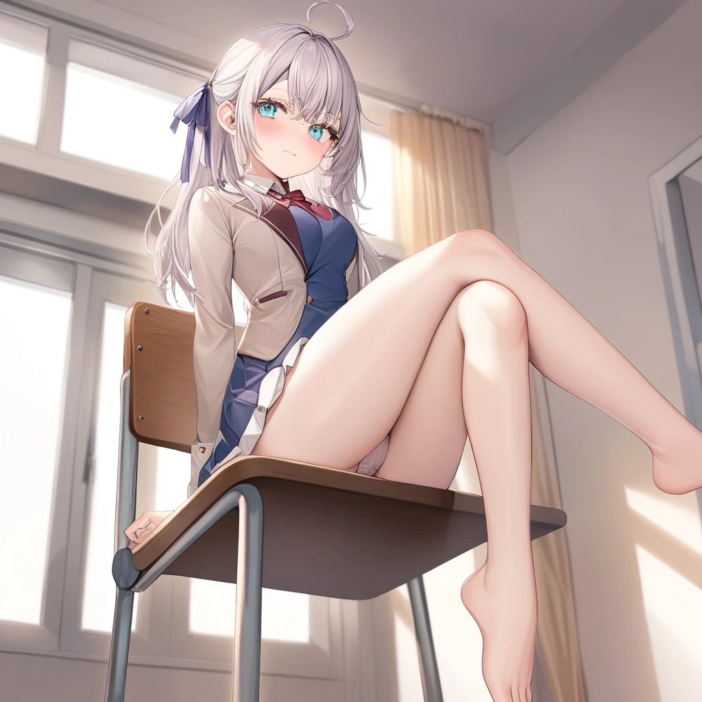 One girl, Alisa Mikhailovna Kujo,Tomorrow, my friend, Arya-san, will be visiting Russia.,alone, Long Hair, Eyebrows visible through hair, Hair between the eyes, Silver Hair, Hair Ribbon, blue eyes, Medium chest, ,White legwear,zettai ryouiki, Long sleeve, Beige jacket,From below, The legs are off the frame, View your viewers, Apply blush all over the face, In the classroom、With his back to the window, sitting cross-legged on a chair、Barefoot left foot、Mouth closed,White lace panties、Highest quality, so beautiful, Absurd