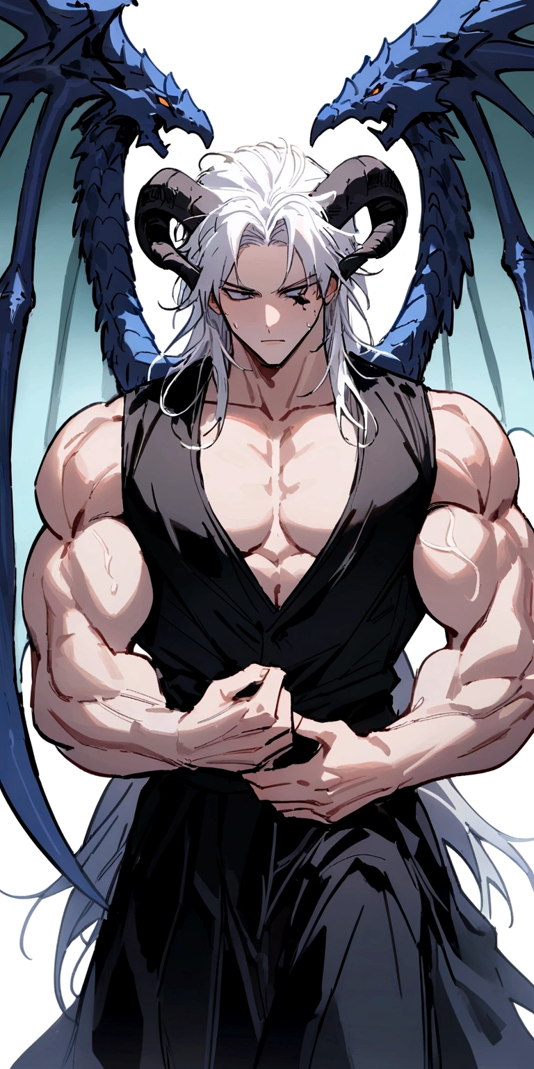 homen,strong muscular, White hair, best qualityer,open chest vest, blue and black clothes, Dragon Wings, black and blue dragon horns, black cloth on face, 