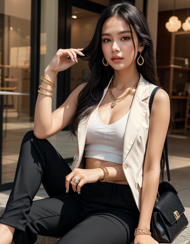 1girl,solo,jewelry,long hair,black hair,realistic,earrings,sitting,ring,lips,bag,pants,bracelet,knee up,sleeveless,looking at viewer,pants,cotton material,loose and comfortable,blazer,, masterpiece, best quality,