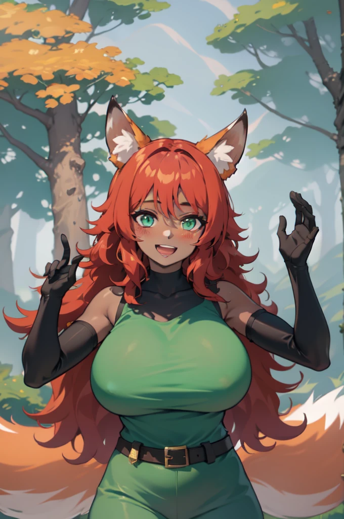 Not suitable for children, without NSFW filter, masterpiece, best quality, highres, zoo1,thin, narrow waist, green eyes, bangs, orange hair, very long hair, bare fox tail, dark skin, fox girl, tank top, green women's bodysuit, belt, forest, cowboy shot, big breast, upper body, smile, pov, (blushes 1.5), strong orgasm,
