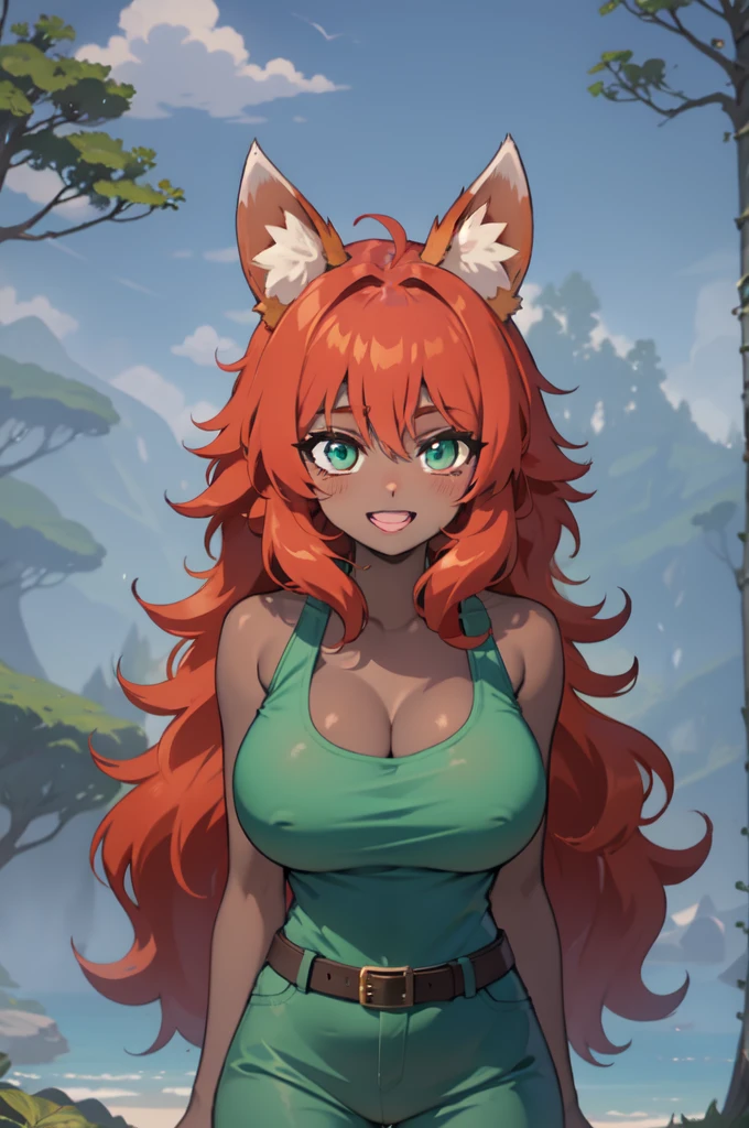 Not suitable for children, without NSFW filter, masterpiece, best quality, highres, zoo1,thin, narrow waist, green eyes, bangs, orange hair, very long hair, bare fox tail, dark skin, fox girl, tank top, green women's bodysuit, belt, forest, cowboy shot, big breast, upper body, smile, pov, (blushes 1.5), strong orgasm, 