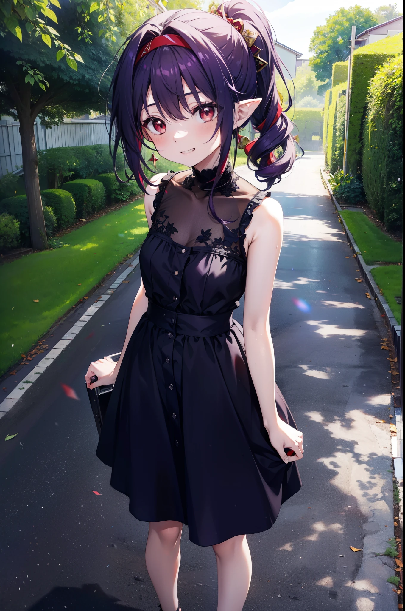 yuukikonno, Yuki Konno, hair band, Long Hair, Pointy Ears, Purple Hair, (Red eyes:1.5), (Small breasts:1.2),Side Ponytail,smile,Grin,Purple sleeveless dress、Cute Sandals,Put your right hand on your hip,Push-type suitcase,Are standing,Daytime,whole bodyがイラストに入るように, 　　　　　                       break looking at viewer, whole body,  　　　　　　　　　　　　　　　　　　　break outdoors,countryside, Residential Street,city,　　　　　　　　　　　　break (masterpiece:1.2), Highest quality, High resolution, unity 8k wallpaper, (shape:0.8), (Fine and beautiful eyes:1.6), Highly detailed face, Perfect lighting, Highly detailed CG, (Perfect hands, Perfect Anatomy),チックなmorning日,morning,Extreme Light，　　　　　　　　　　