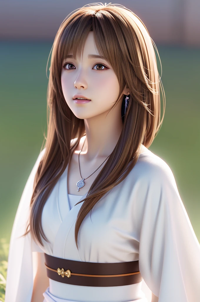 Final Fantasy (Yuna) Anime girl with brown hair and a white kimono wearing a necklace, Beautiful character drawings, Soft animation CG art, Realistic anime art style, Beautiful anime portraits, Beautiful Anime Women, Photorealistic Anime Girl Rendering, Makoto Shinkai and Artgelm, Realistic 3D anime style, Anime realism style,  Anime style digital art, Beautiful Anime Girls