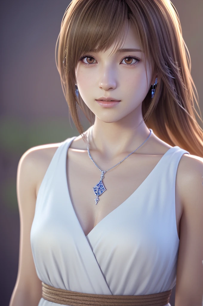 Final Fantasy (Yuna) Anime girl with brown hair and a white kimono wearing a necklace, Beautiful character drawings, Soft animation CG art, Realistic anime art style, Beautiful anime portraits, Beautiful Anime Women, Photorealistic Anime Girl Rendering, Makoto Shinkai and Artgelm, Realistic 3D anime style, Anime realism style,  Anime style digital art, Beautiful Anime Girls