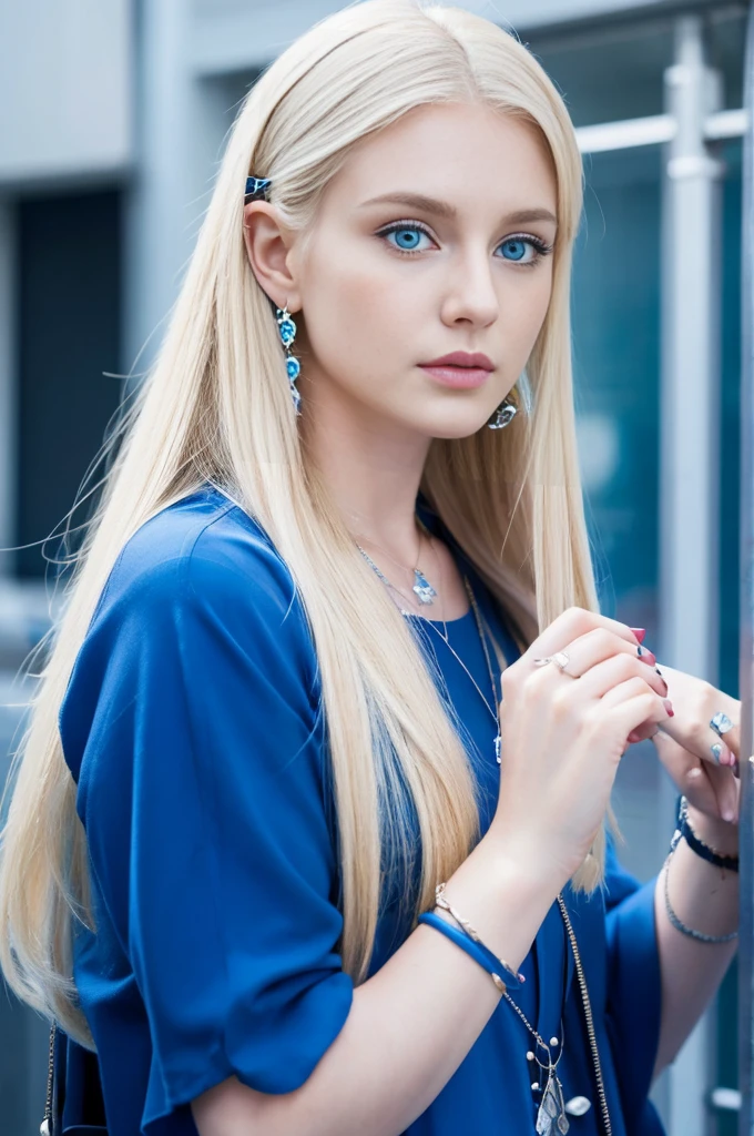 22 year old white woman、Hair color is blonde、Blue eyes、wide、Straight hair、accessories on the wrist、I&#39;I&#39;m wearing a choker、the skin is soft、a smile、Slim but muscular body.、my heart is beating、a smile、wearing a skater dress、wearing red heels、I&#39;I&#39;m sitting on a stone staircase in the city., resting my chin on my chin.