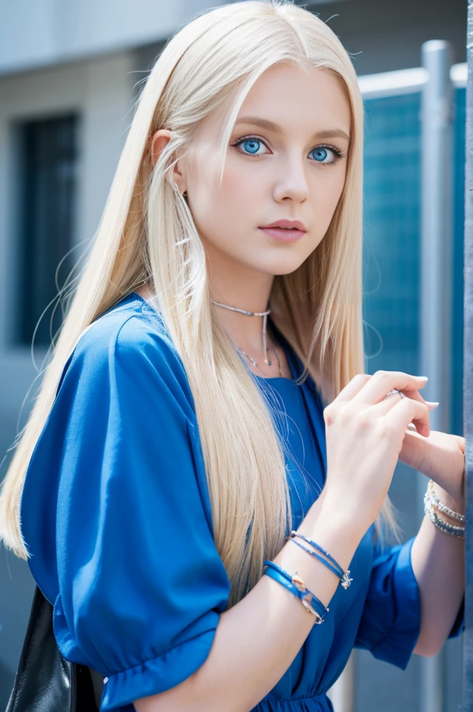 22 year old white woman、Hair color is blonde、Blue eyes、wide、Straight hair、accessories on the wrist、I&#39;I&#39;m wearing a choker、the skin is soft、a smile、Slim but muscular body.、my heart is beating、a smile、wearing a skater dress、wearing red heels、I&#39;I&#39;m sitting on a stone staircase in the city., resting my chin on my chin.