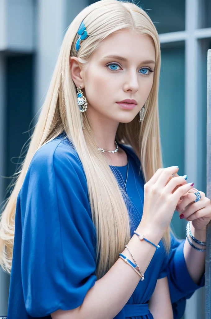 22 year old white woman、Hair color is blonde、Blue eyes、wide、Straight hair、accessories on the wrist、I&#39;I&#39;m wearing a choker、the skin is soft、a smile、Slim but muscular body.、my heart is beating、a smile、wearing a skater dress、wearing red heels、I&#39;I&#39;m sitting on a stone staircase in the city., resting my chin on my chin.
