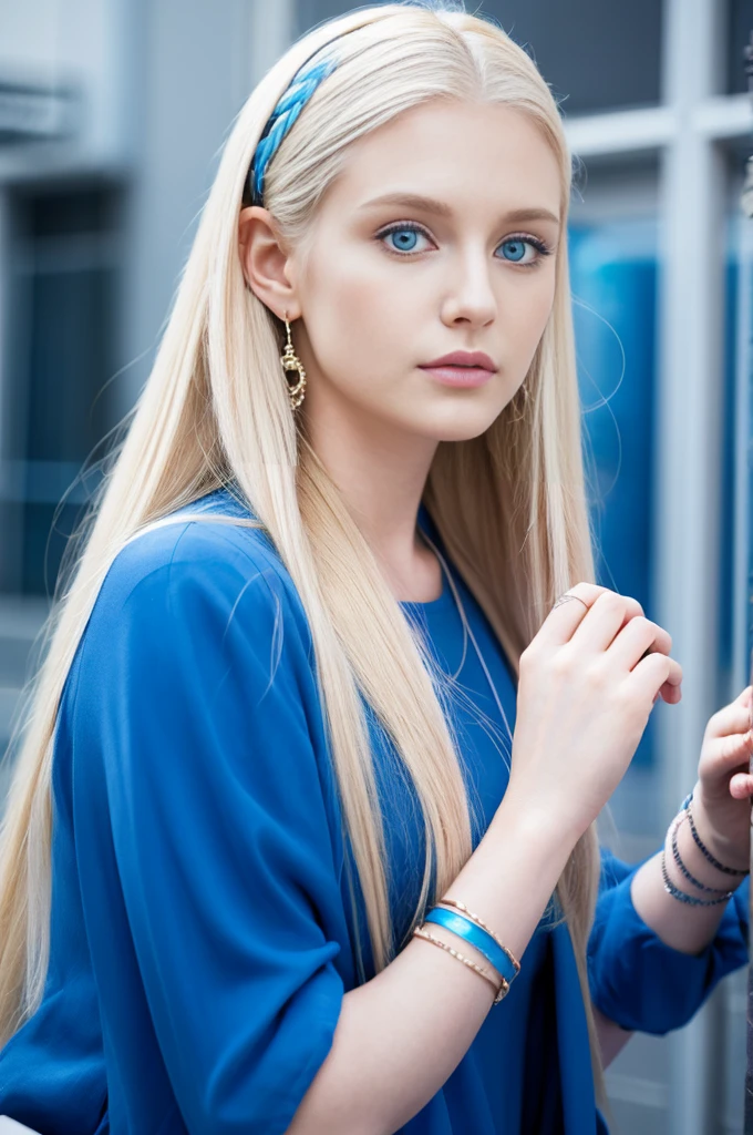 22 year old white woman、Hair color is blonde、Blue eyes、wide、Straight hair、accessories on the wrist、I&#39;I&#39;m wearing a choker、the skin is soft、a smile、Slim but muscular body.、my heart is beating、a smile、wearing a skater dress、wearing red heels、I&#39;I&#39;m sitting on a stone staircase in the city., resting my chin on my chin.