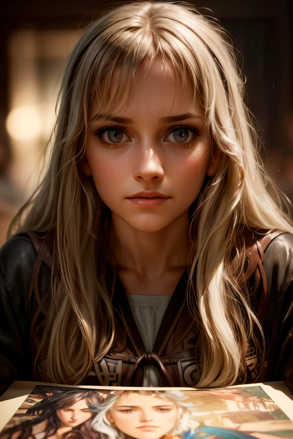 (front focus),(in the dark:1.6), Hyperrealist portrait of female by david hockney and alphonse mucha,fantasy art, photo realistic, dynamic lighting, artstation, poster, volumetric lighting, very detailed faces, 4 k, award winning,, 1girl, in the dark, deep shadow, low key,cowboy shot,(official clothing:1.4) ,long hair,white hair,