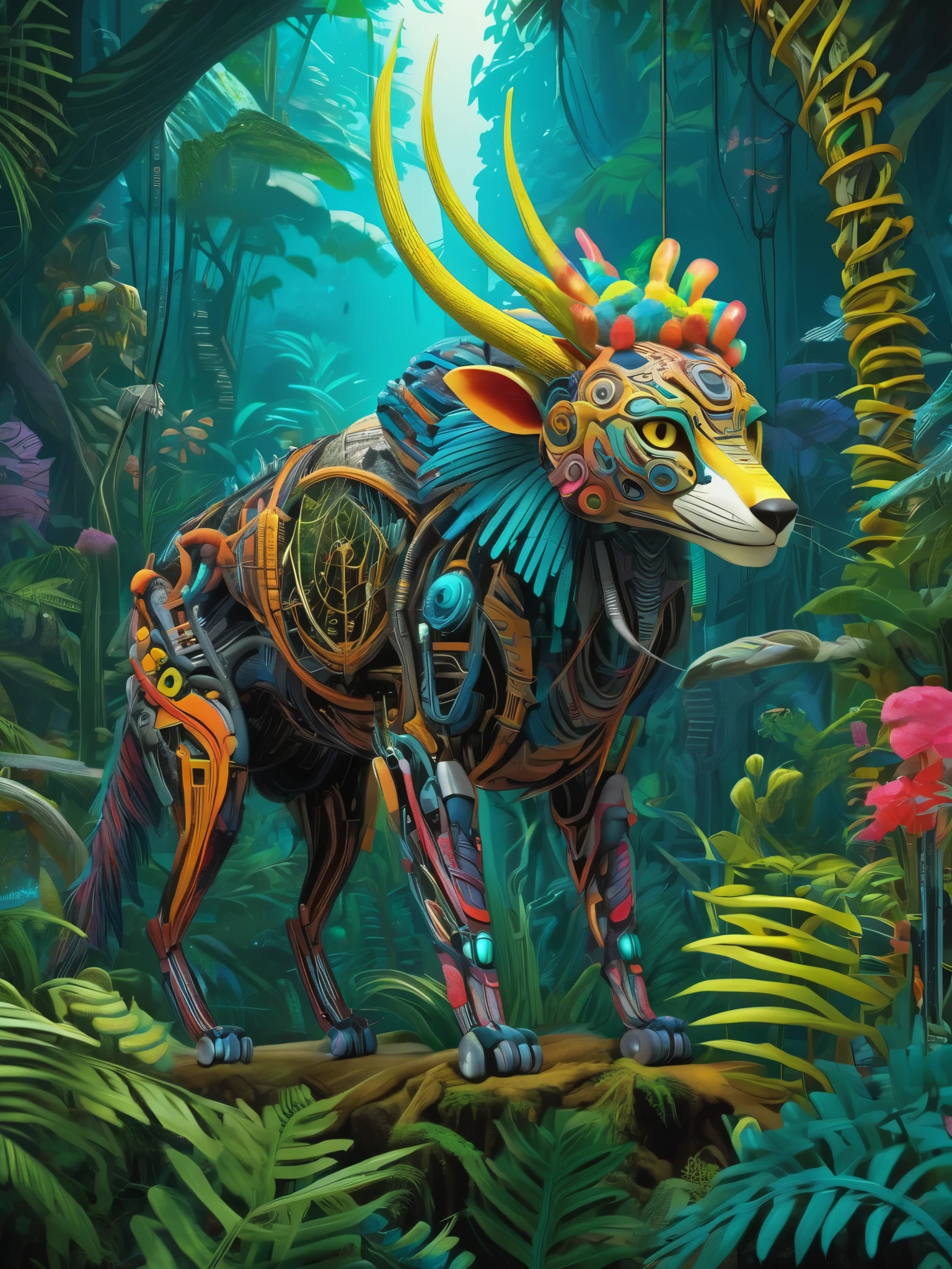 Future genetic engineering will incorporate living organisms into its work of art, Covered by fauna, flora. Alebrije, Masterpiece, hyper HD, Axonometric view, jungles. Cyberpunk