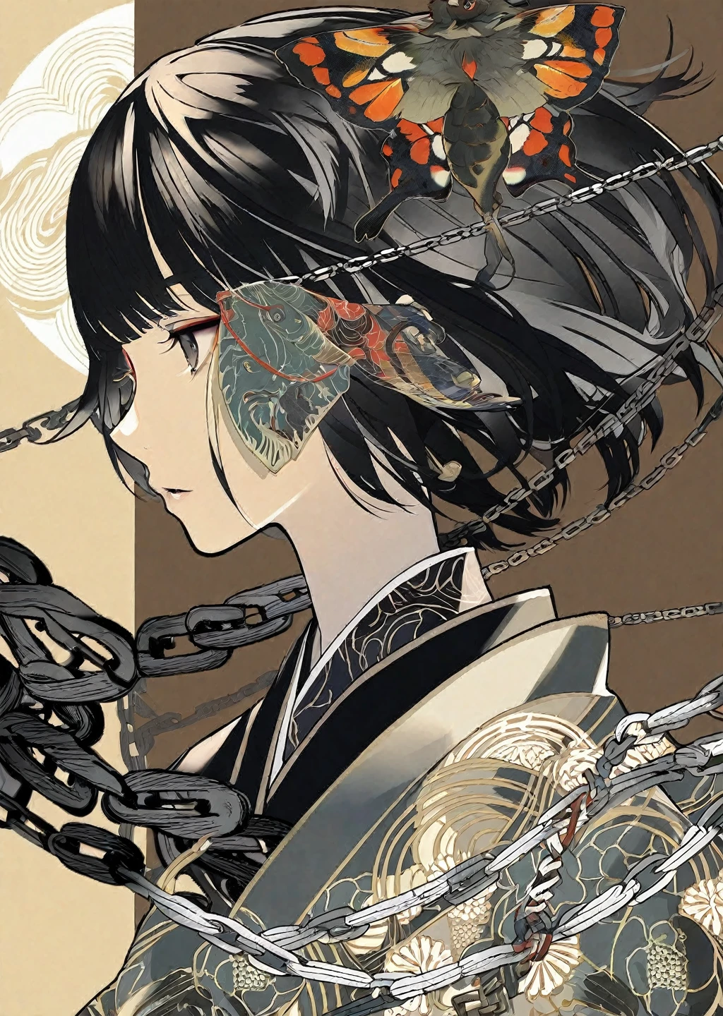 Cel shading highest quality, masterpiece, detailed, beautiful,
One girl, alone, Long black hair ,detailed face, kimono, Lock