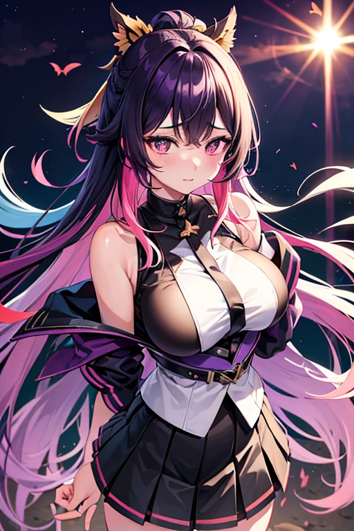 a 20 age chubby girl, your face has strong pink makeup, wearing a pleassed skirt, sleeveless top, darkgolden eyes, beautiful detailed eyes, sensual pose, suggestive pose, evil smile, very long hair, black hair, long black ponytail hair, light and transparent veil filling with charm and seduction, stunning beautiful artwork, maximalist, by artgerm, 8k anime artwork, 8k photo, trending on artstation. looking at the viewer, masterpiece, best quality
