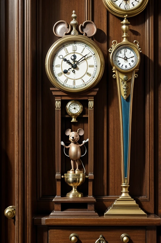 A Disney mouse is on the mother of an antique grandfather clock