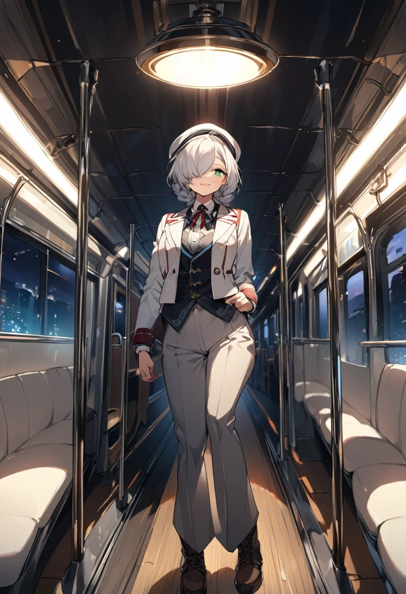 BREAK Perfect Anatomy、(High resolution:1.2)、Incredible illustrations、(Cute illustrations:1.2)、()(cinematic angle,ceiling,solo focus,) （Beautiful background（Passageway inside special passenger car)) 1tom girl(a male focus 1.7meters, 45kg,,dark skin:2.5 ,green eyes,silver hair,hair over one eye,long french braid,lipstick:1.2)(light smile) (tyrolean hat,dark rail road man's coat,Vest jacket with lines,slacks,workman's boots)　Conductor checking tickets inside the train