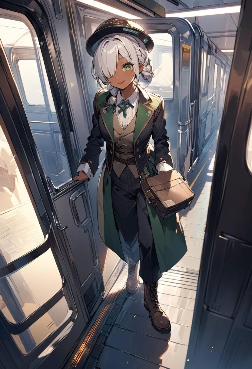 BREAK Perfect Anatomy、(High resolution:1.2)、Incredible illustrations、(Cute illustrations:1.2)、()(cinematic angle,ceiling,solo focus,) （Beautiful background（Passageway inside special passenger car)) 1tom girl(a male focus 1.7meters, 45kg,,dark skin:2.5 ,green eyes,silver hair,hair over one eye,long french braid,lipstick:1.2)(light smile) (tyrolean hat,dark rail road man's coat,Vest jacket with lines,slacks,workman's boots)　Conductor checking tickets inside the train