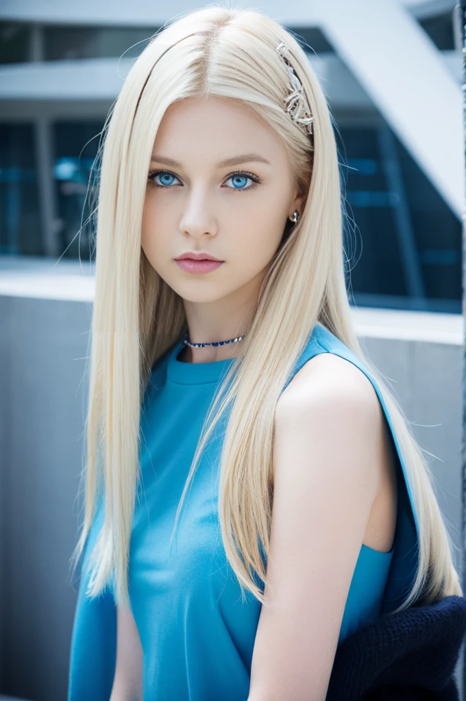 22 year old white woman、Hair color is blonde、Blue eyes、wide、Straight hair、accessories on the wrist、I&#39;I&#39;m wearing a choker、the skin is soft、a smile、Slim but muscular body.、my heart is beating、a smile、wearing a skater dress、wearing red heels、I&#39;I&#39;m sitting on a stone staircase in the city., resting my chin on my chin.